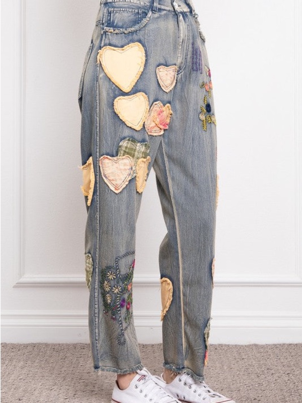 Patchwork Heart Embroidered Light Wash Jeans